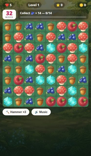 Foxwood Kingdom gameplay — forest match-3 board