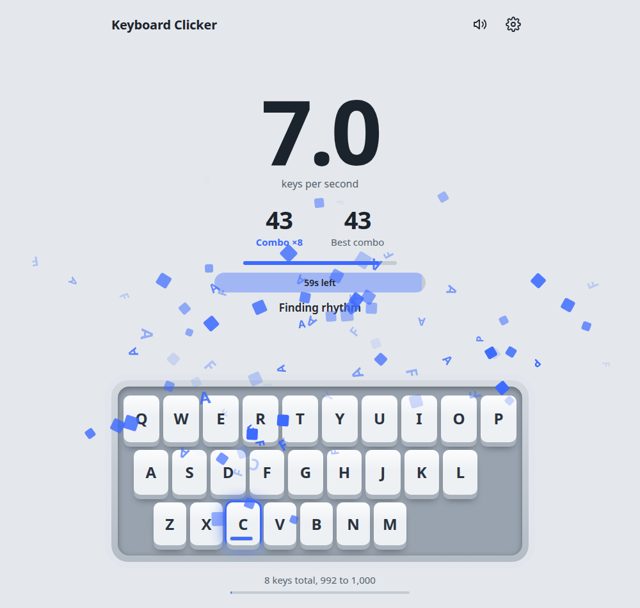 Keyboard Clicker gameplay — combo counter and keycap board